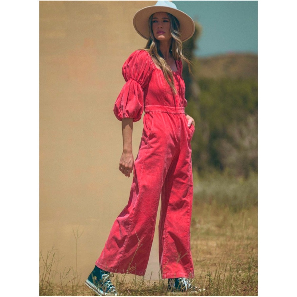 &merci / Coral-Red Corduroy Puff Sleeve Alma Jumpsuit Size S